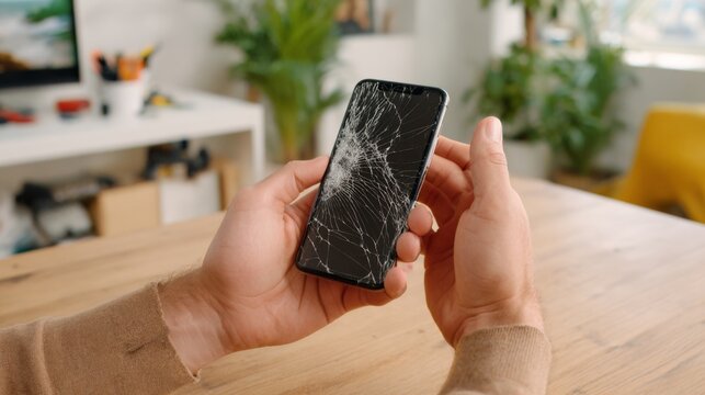 A male holding a broken smartphone with a cracked screen, surrounded by a bright, modern living space. - Powered by Adobe
