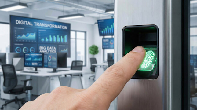 Technology fingerprint scan provides security. digital transformation change management,new technology big data and business process strategy