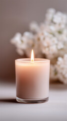Lit candle placed beside soft white flowers in gentle warm light, symbolizing calmness, remembrance, serenity, mindfulness and peaceful emotional atmosphere in a comforting interior setting.