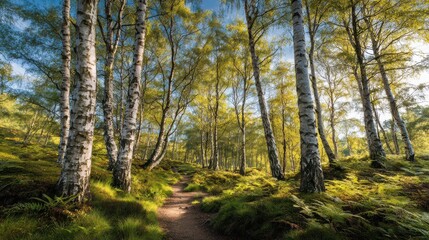 Serene birch grove bathed in warm sunshine along a woodland path