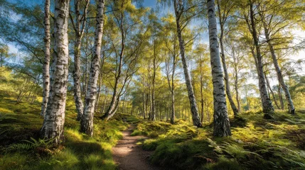 Gordijnen Berkenbos Serene birch grove bathed in warm sunshine along a woodland path  © Mykola