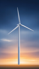 Single tall wind turbine standing against dramatic sunset sky, symbolizing clean energy, sustainability, renewable power and ecological progress with serene atmospheric mood.