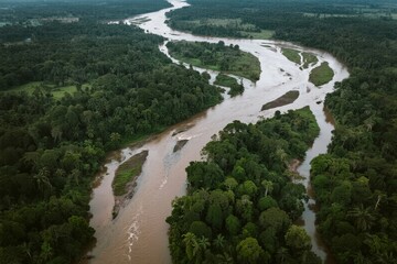 Aerial view of a winding river cutting through dense tropical rainforest
