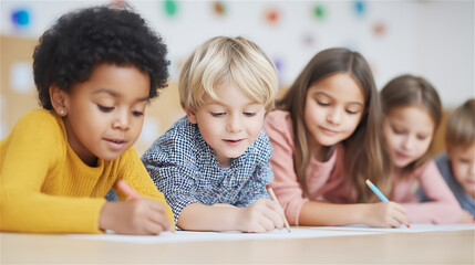 Group of diverse children studying together at table in bright classroom environment, representing education, teamwork, childhood learning, inclusion and positive early development.