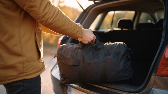 A man in a warm jacket lifts a black duffel bag from the trunk of a car during a sunset, suggesting an outdoor adventure ahead.