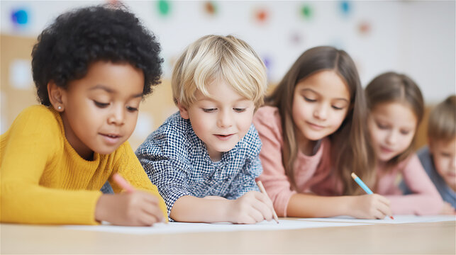 Group of diverse children studying together at table in bright classroom environment, representing education, teamwork, childhood learning, inclusion and positive early development.