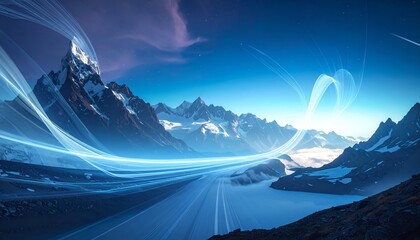 Majestic mountain range with flowing blue light trails against a twilight sky