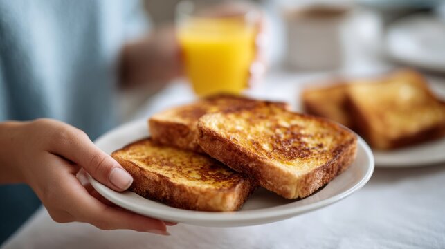 A close-up of a woman&rsquo;s hand holding a plate of golden-brown French toast, with a glass of orange juice in the background.