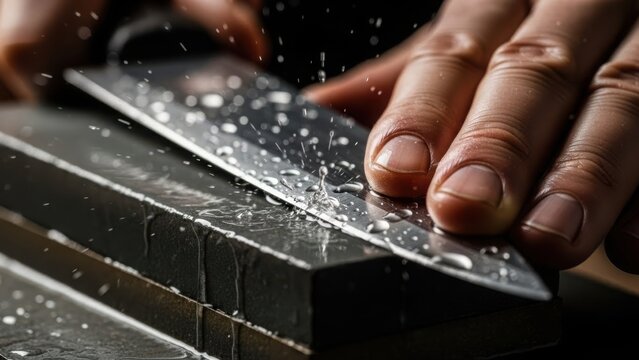 Sharpening knife with whetstone, close up of wet knife being sharpened against water stone by person. Sharpening knife requires precision and detail to keep blade sharp.