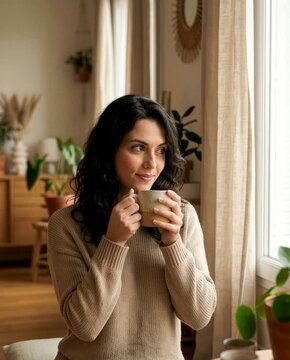 Woman drinking a hot beverage in a warm interior.