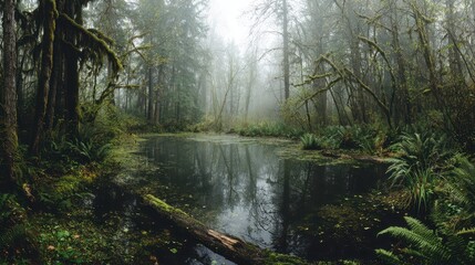 Serene wetlands landscape: fog, reflections, and quiet water in a dense woodland