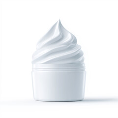 Soft swirl of white cosmetic cream in a small jar on clean background, symbolizing skincare, purity and moisturizing beauty concept.