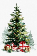 Watercolor New Year's illustration, a Christmas tree with gifts against a forest background. AI generative