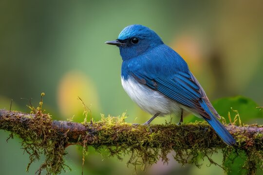 Serene wildlife portrait of a blue flycatcher on a mossy twig with natural light