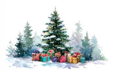 Watercolor New Year's illustration, a Christmas tree with gifts against a forest background. AI generative