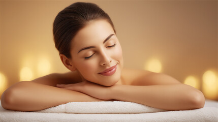 Young woman enjoying relaxing massage in warm spa ambiance, symbolizing wellness, calmness and therapeutic self-care.