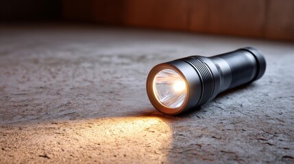 Close-up of a sleek black flashlight casting a warm light on a textured surface.