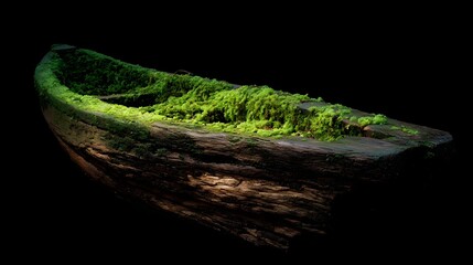 An ancient decaying wooden boat hull covered in vibrant green moss against a dark background