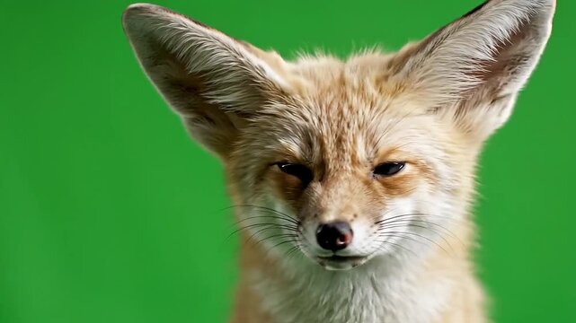 Close-up portrait of a curious fennec fox with large ears against a vibrant green background.
