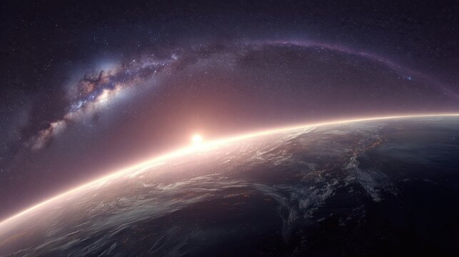 Silent space scene: earthlike planet in orbit with bright stars and a curved Galactic band in the background