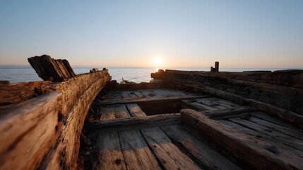 An old decaying wooden boat hull rests on the shore against a serene ocean sunset