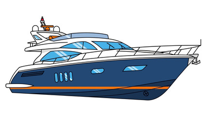 Illustration of a blue and white yacht on a white background.