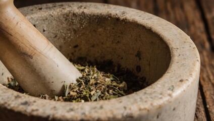 Mortar and Pestle with Herbs - A Traditional Herbal Remedy.