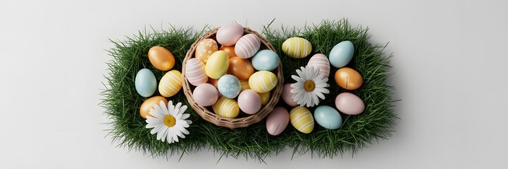 Easter eggs nestled in green grass with flowers