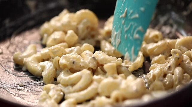 Closeup shot of cooking cheese macrony pasta.