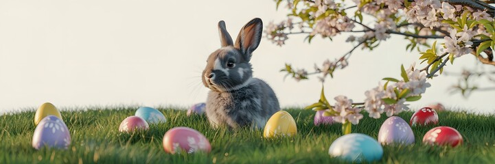 Easter bunny among colorful eggs and blossoms