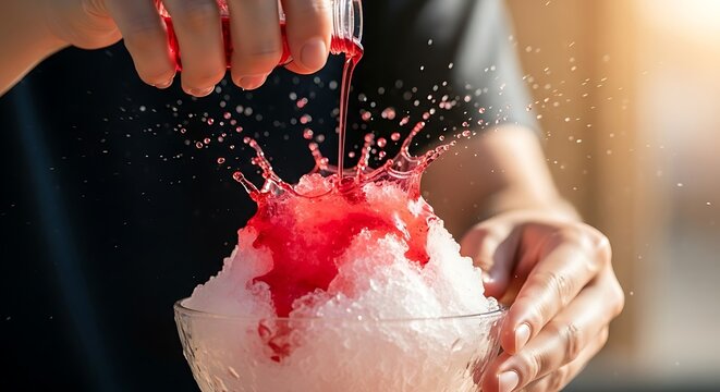 Refreshing shaved ice dessert with bright red syrup splash in glass bowl