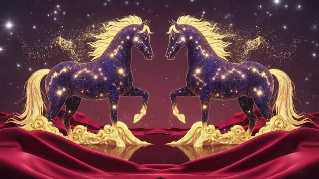 Celestial horses prancing on golden clouds with a galaxy of stars, a magical dance of mythical proportions for fantasy themed project