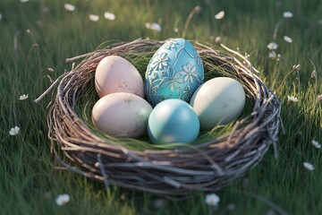 Easter eggs nestled in a twig nest