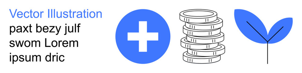 Obraz premium Healthcare, finance, sustainability, investment, wellness, and growth. Blue medical cross, stack of coins and a leaf icon. Healthcare and finance visually