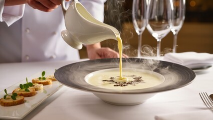 Elegant Presentation of Creamy Soup in a Fine Dining Setting with Garnish and Service
