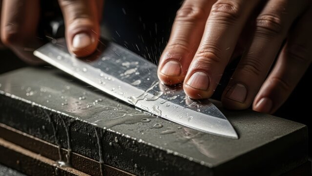 Sharpening knife professionally is demonstrated by chef with wet stone and sharp blade. Sharpening knife requires expertise in cutlery skills, maintaining blade's edge with care. - Powered by Adobe