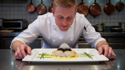 Chef Preparing Gourmet Dish with Caviar and Vegetables in Upscale Restaurant Setting