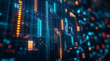 Modern technology background with vibrant blue and orange digital grid, dynamic data flow for innovative business solutions and high tech designs