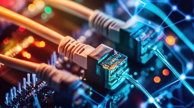 Network cables plugged into server, intricate circuit board in the background, showcasing tech infrastructure