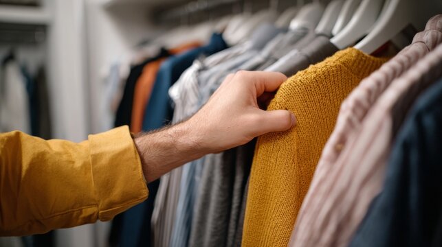 A male hand examines a mustard-colored sweater among various clothing options in a modern wardrobe.