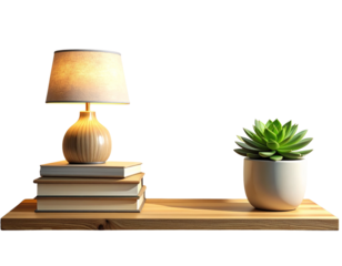  Modern Shelf Decor with Lamp, Books, and Succulent Plant Against Blank Wall – Mockup PNG