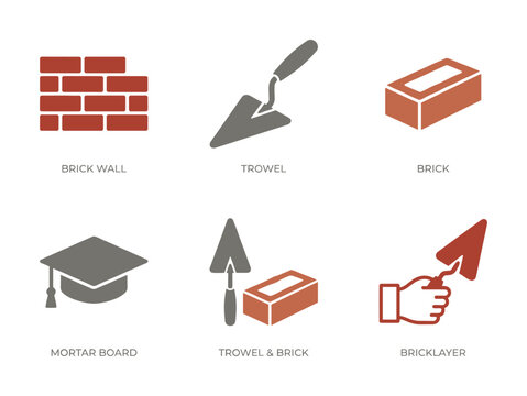 Construction icons featuring brick wall, trowel, brick, mortar board, trowel with brick, bricklayer hand.