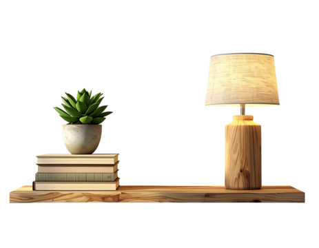 Modern Shelf Decor with Lamp, Books, and Succulent Plant Against Blank Wall – Mockup PNG