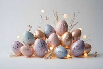 Pastel easter eggs with twinkling lights and feathers