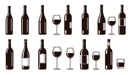 Collection of wine bottles and glasses drink alcohol