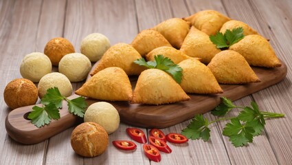 Fototapeta premium Delicious Appetizing Pastries with Fresh Herbs and Spicy Peppers on Wooden Board