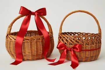 Two woven baskets with red ribbon bows