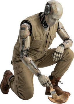 Robot anthropologist wearing cargo pants and a vest carefully brushes dirt off an ancient pottery shard with a brush Archaeology Excavation Artifact Cleaning Research