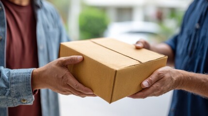 A close-up of a man's hands, one delivering a package to another in a sunny outdoor setting.