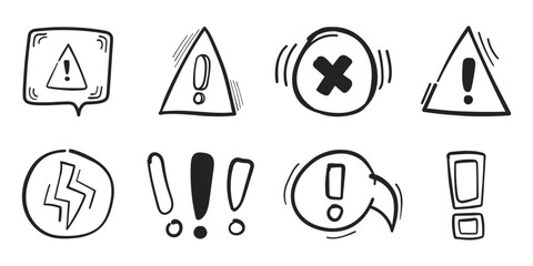 Warnings hand drawn doodle icon set collection in flat style. Alert danger vector illustration on isolated background. Exclamation sign business concept.
